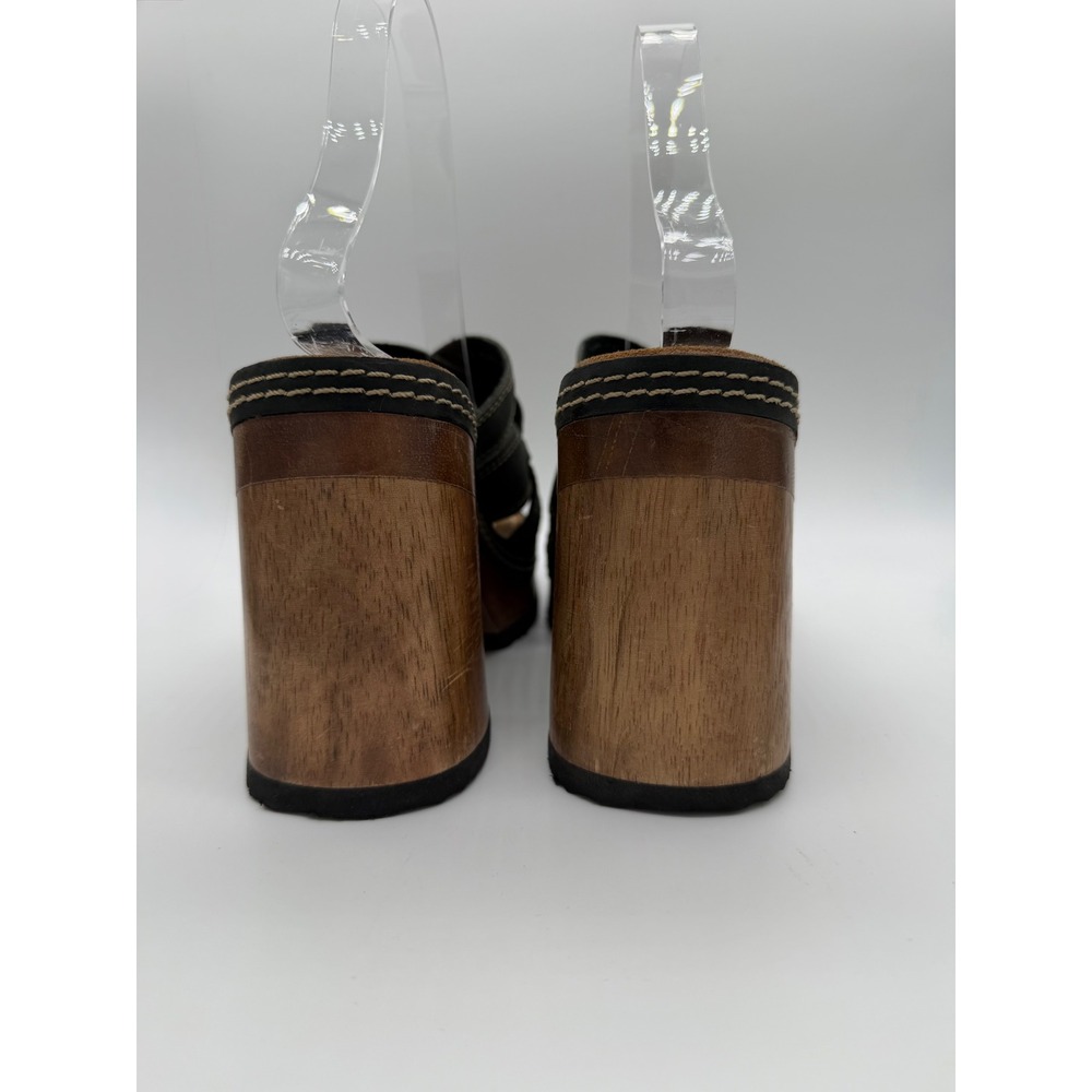 Vintage Platform Bongo Sandals Womens 7 Black Wood Block Heel Woven Leather Good - Picture 3 of 8